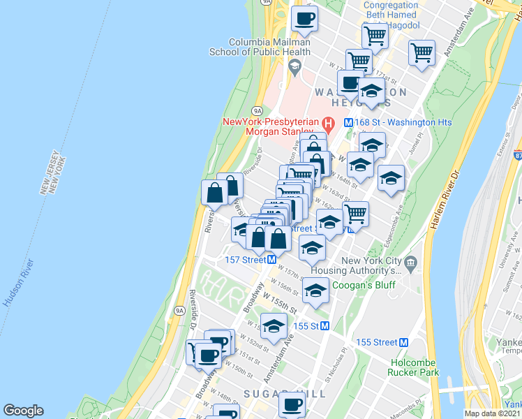 map of restaurants, bars, coffee shops, grocery stores, and more near 834 Riverside Drive in New York