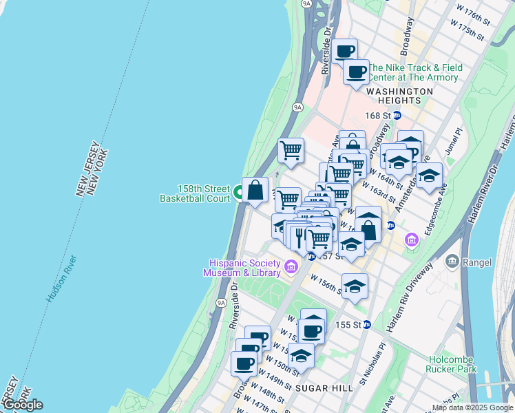 map of restaurants, bars, coffee shops, grocery stores, and more near 10 Riverside Drive West in New York