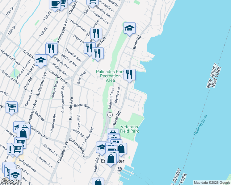map of restaurants, bars, coffee shops, grocery stores, and more near 607 Undercliff Avenue in Edgewater
