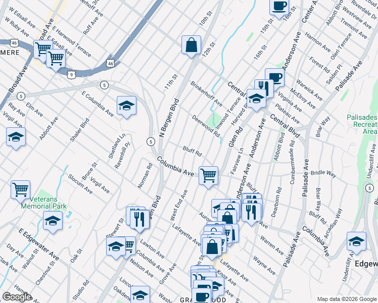 map of restaurants, bars, coffee shops, grocery stores, and more near 1017 Kingsland Lane in Fort Lee