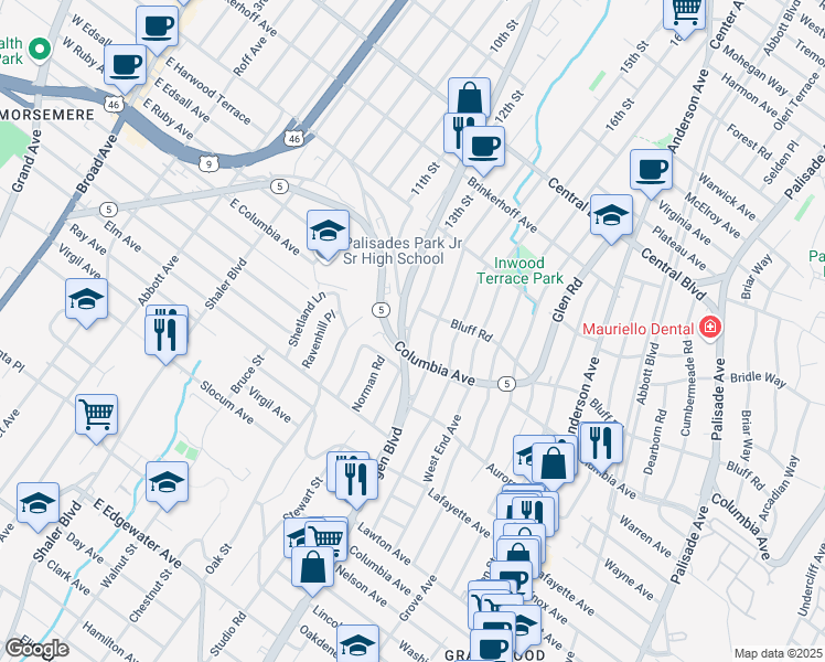 map of restaurants, bars, coffee shops, grocery stores, and more near 1008 Morningside Lane in Fort Lee