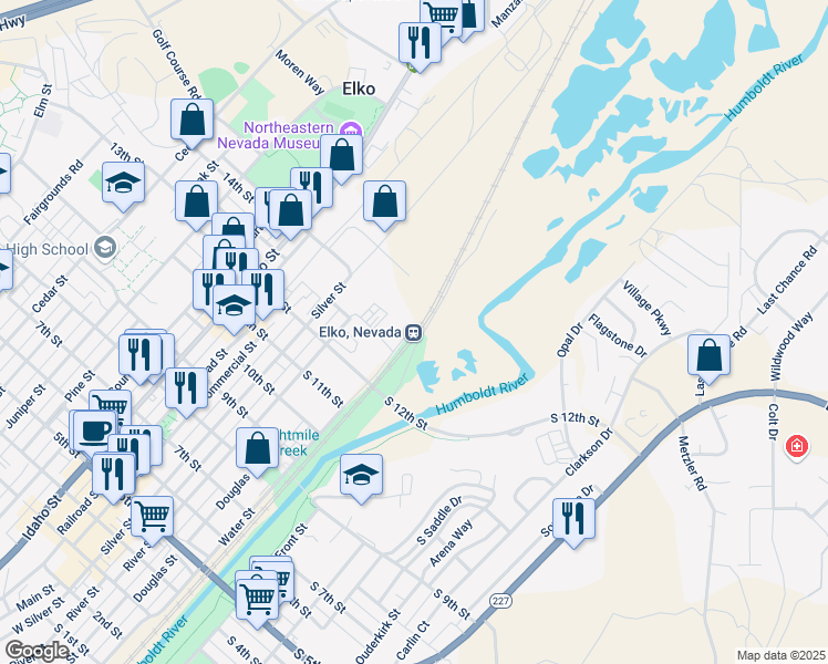 map of restaurants, bars, coffee shops, grocery stores, and more near 1300 Water Street in Elko