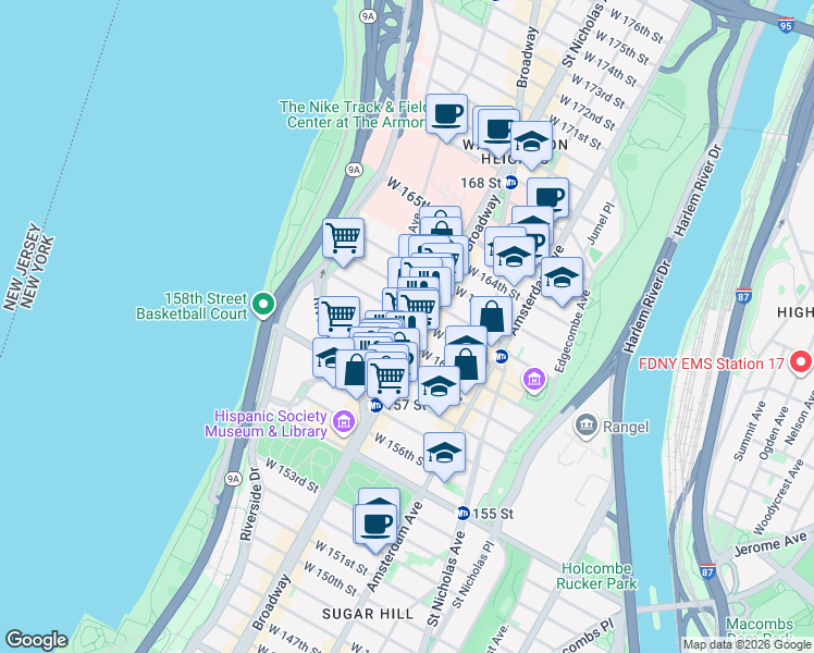 map of restaurants, bars, coffee shops, grocery stores, and more near 600 West 161st Street in New York