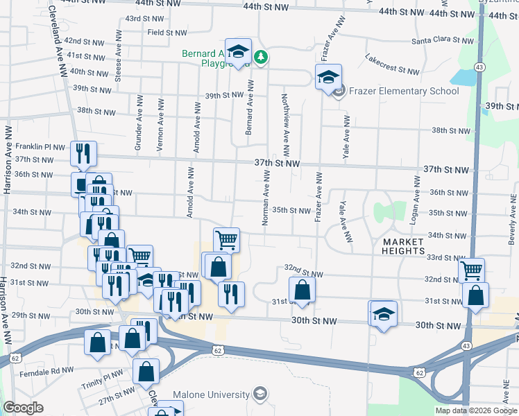 map of restaurants, bars, coffee shops, grocery stores, and more near 3420 Westview Avenue Northwest in Canton