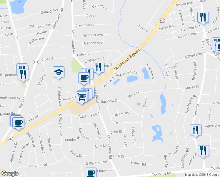 map of restaurants, bars, coffee shops, grocery stores, and more near 56 South Pond Lane in Smithtown