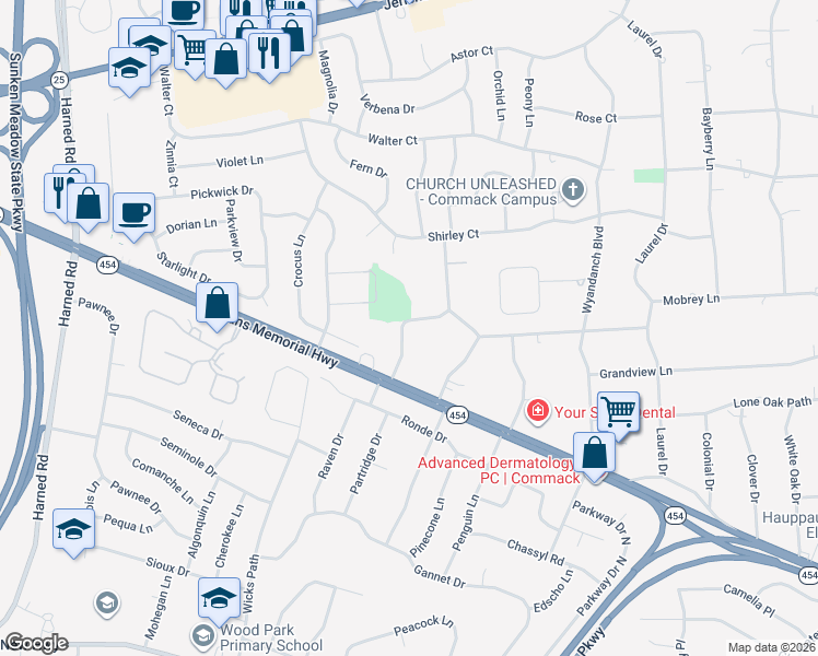 map of restaurants, bars, coffee shops, grocery stores, and more near 58 Valleywood Road in Commack