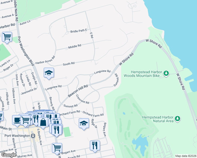 map of restaurants, bars, coffee shops, grocery stores, and more near 54 Beacon Hill Road in Port Washington