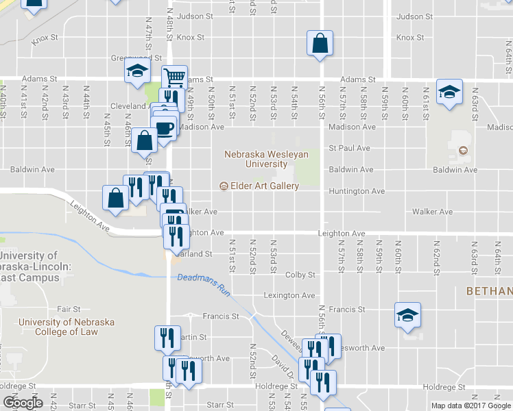 map of restaurants, bars, coffee shops, grocery stores, and more near 5202 Walker Avenue in Lincoln