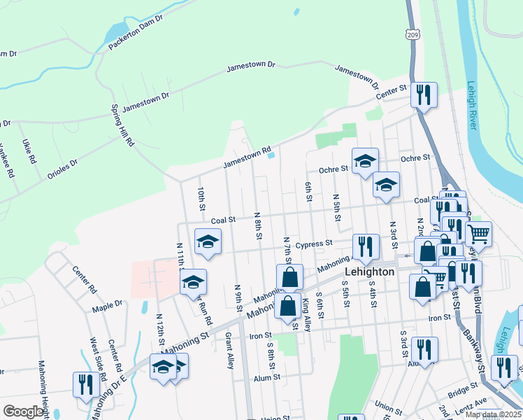 map of restaurants, bars, coffee shops, grocery stores, and more near 738 Coal Street in Lehighton