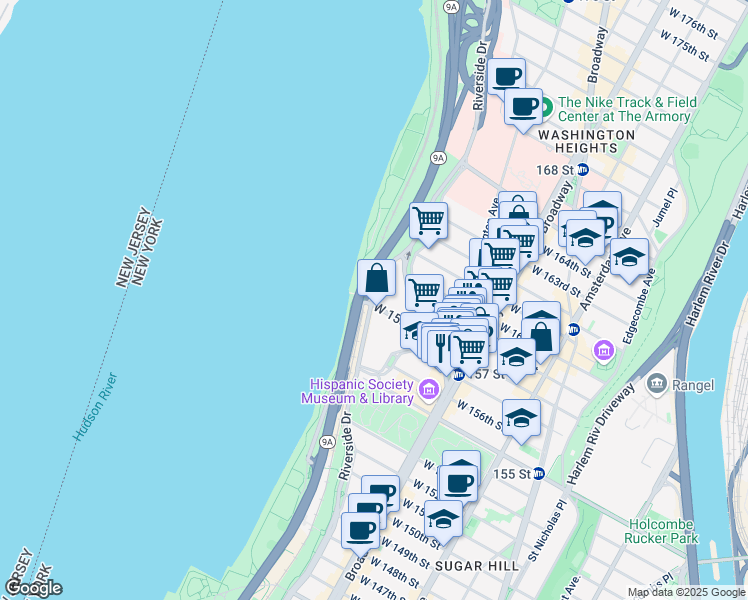 map of restaurants, bars, coffee shops, grocery stores, and more near 24 Riverside Drive West in New York