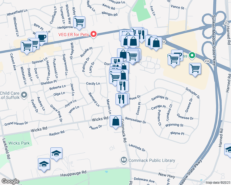 map of restaurants, bars, coffee shops, grocery stores, and more near 2 Genesee Drive in Commack