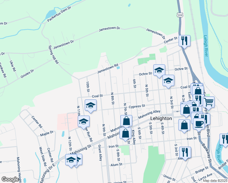 map of restaurants, bars, coffee shops, grocery stores, and more near 738 Coal Street in Lehighton