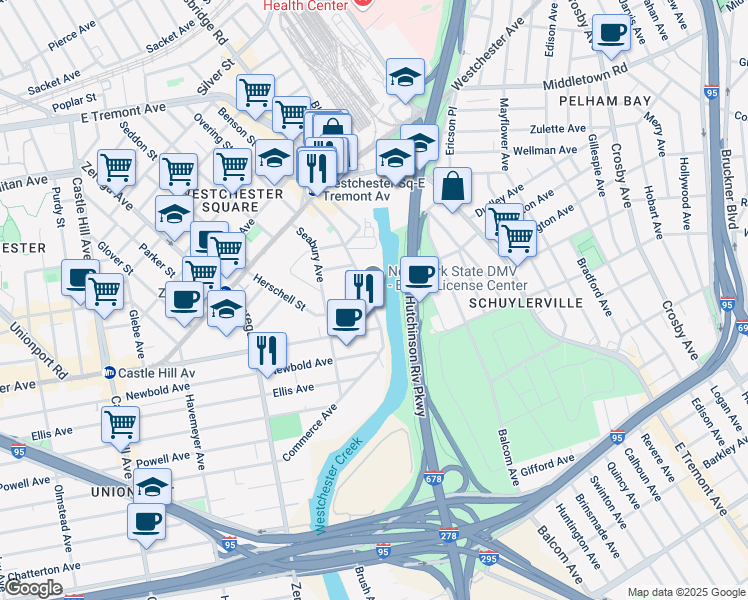 map of restaurants, bars, coffee shops, grocery stores, and more near 1332 Commerce Avenue in The Bronx
