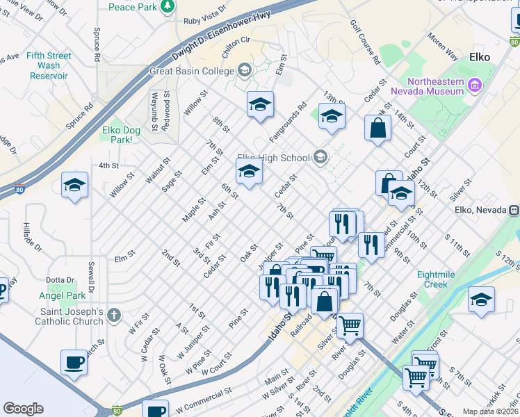 map of restaurants, bars, coffee shops, grocery stores, and more near 830 6th Street in Elko