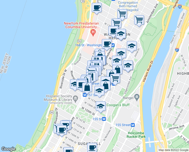 map of restaurants, bars, coffee shops, grocery stores, and more near Broadway & W 161st St in New York