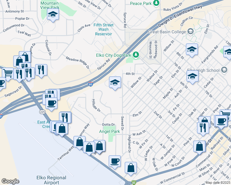 map of restaurants, bars, coffee shops, grocery stores, and more near 1645 Sewell Drive in Elko