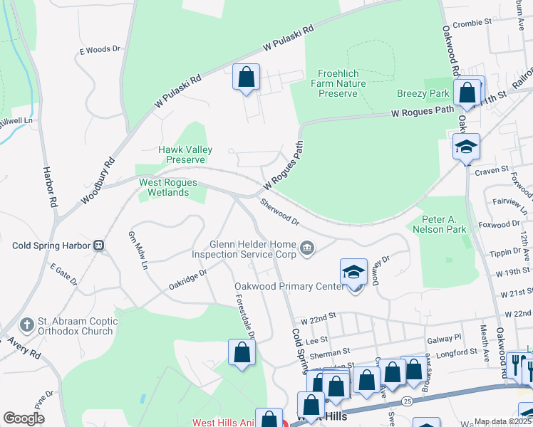 map of restaurants, bars, coffee shops, grocery stores, and more near 9 Cold Spring Hills Road in Huntington