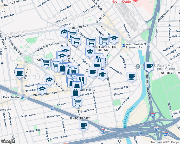 map of restaurants, bars, coffee shops, grocery stores, and more near 1436 Doris Street in Bronx