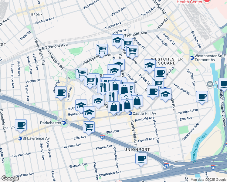 map of restaurants, bars, coffee shops, grocery stores, and more near 2132 Starling Avenue in Bronx