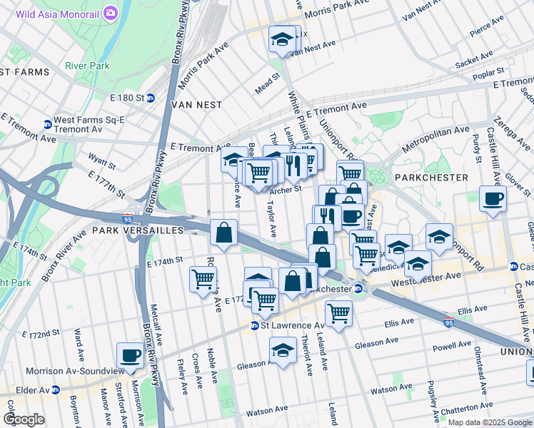 map of restaurants, bars, coffee shops, grocery stores, and more near 1422 Taylor Avenue in Bronx