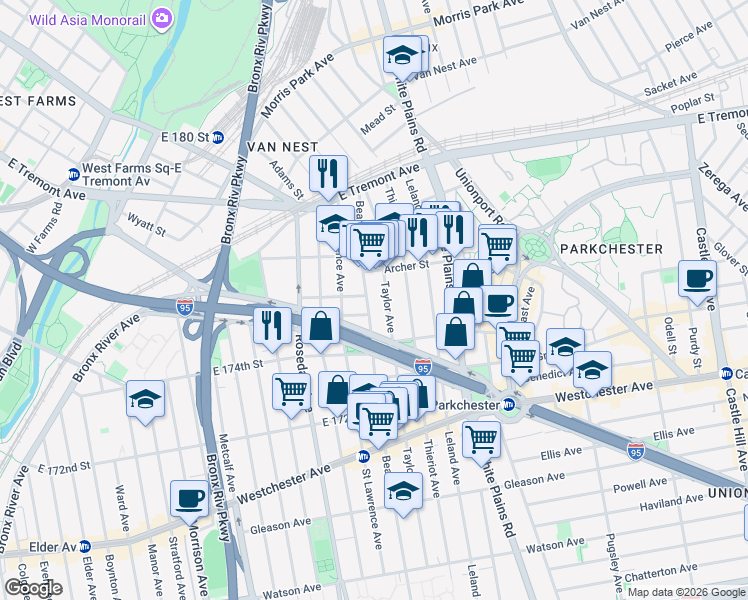map of restaurants, bars, coffee shops, grocery stores, and more near 1796 Guion Place in Bronx