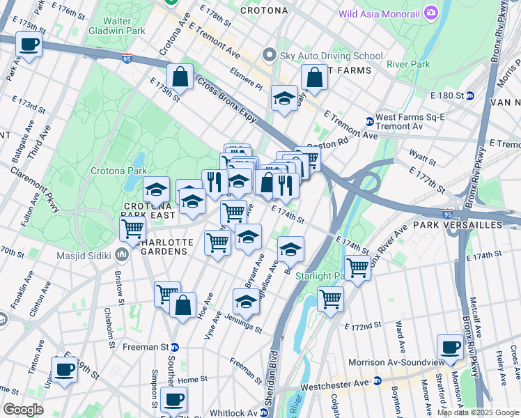 map of restaurants, bars, coffee shops, grocery stores, and more near 1680 Hoe Avenue in The Bronx