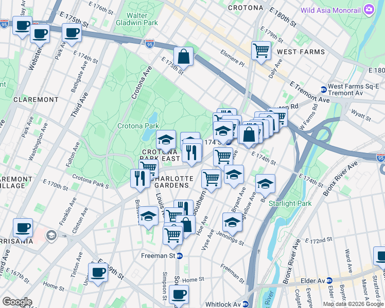 map of restaurants, bars, coffee shops, grocery stores, and more near 1624 Boston Road in Bronx