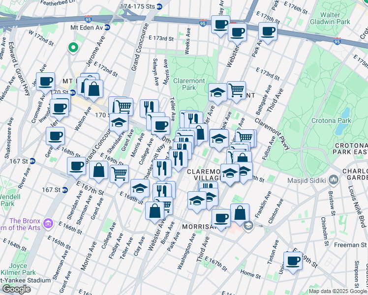 map of restaurants, bars, coffee shops, grocery stores, and more near in The Bronx