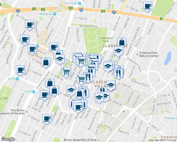 map of restaurants, bars, coffee shops, grocery stores, and more near in The Bronx