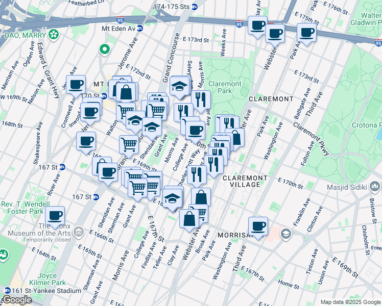 map of restaurants, bars, coffee shops, grocery stores, and more near 1340 College Avenue in Bronx