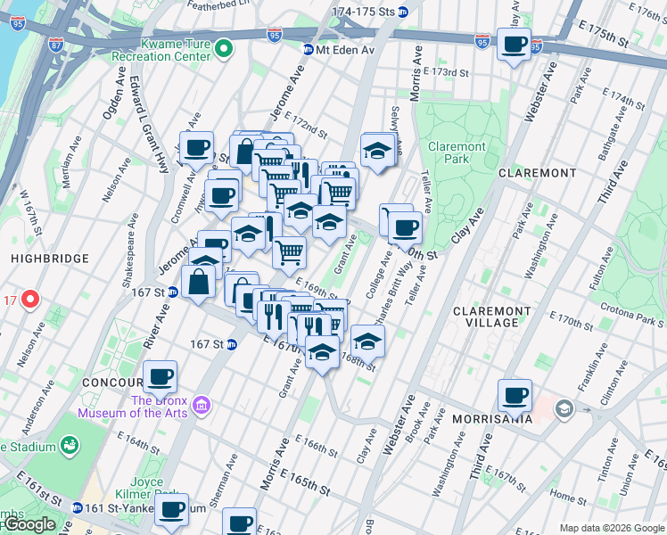 map of restaurants, bars, coffee shops, grocery stores, and more near 233 East 169th Street in Bronx