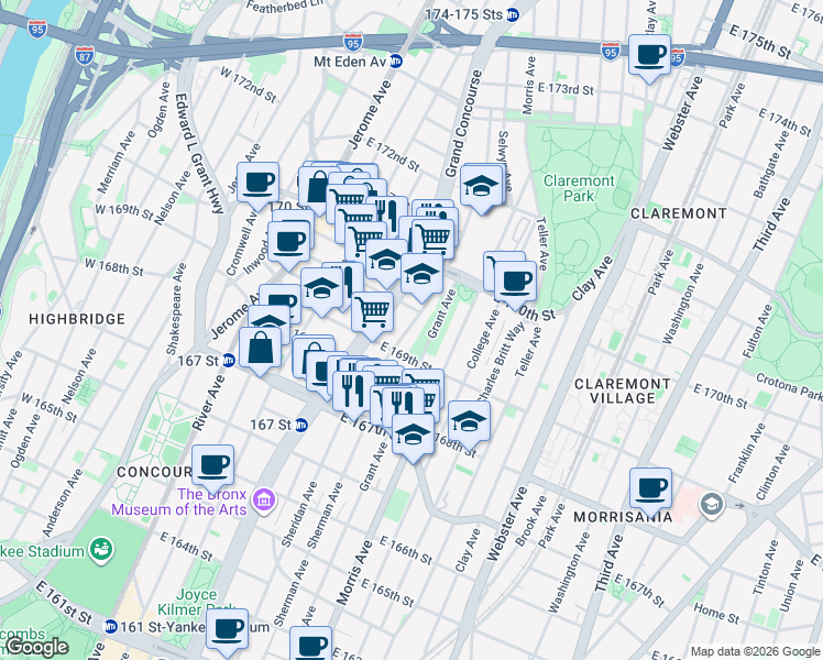 map of restaurants, bars, coffee shops, grocery stores, and more near 233 East 169th Street in Bronx