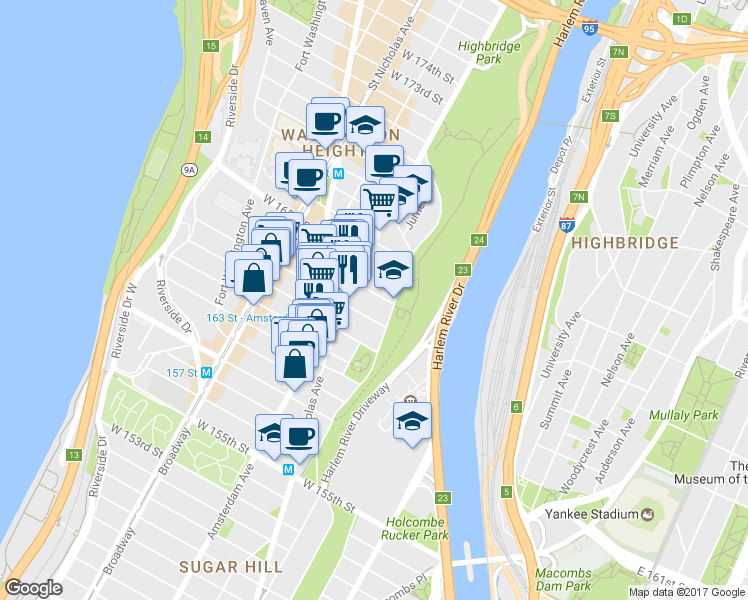 map of restaurants, bars, coffee shops, grocery stores, and more near 453 West 163rd Street in New York