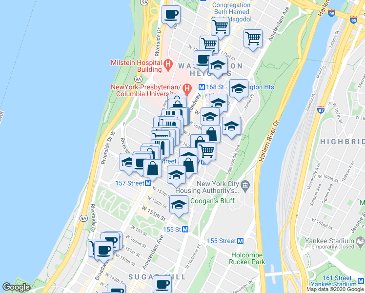 map of restaurants, bars, coffee shops, grocery stores, and more near 572 West 161st Street in New York
