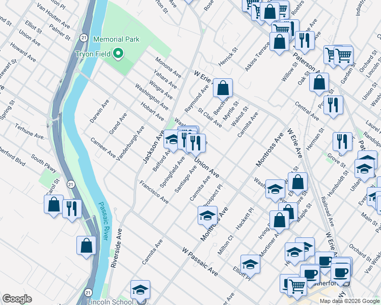 map of restaurants, bars, coffee shops, grocery stores, and more near 313a Union Avenue in Rutherford