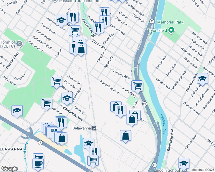map of restaurants, bars, coffee shops, grocery stores, and more near 232 Entin Road in Clifton