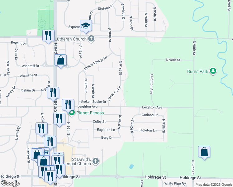 map of restaurants, bars, coffee shops, grocery stores, and more near 2335 North 91st Street in Lincoln