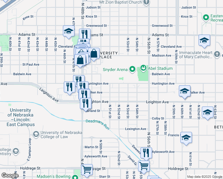 map of restaurants, bars, coffee shops, grocery stores, and more near 5103 Walker Avenue in Lincoln