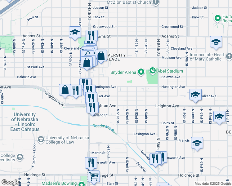 map of restaurants, bars, coffee shops, grocery stores, and more near 5103 Walker Avenue in Lincoln