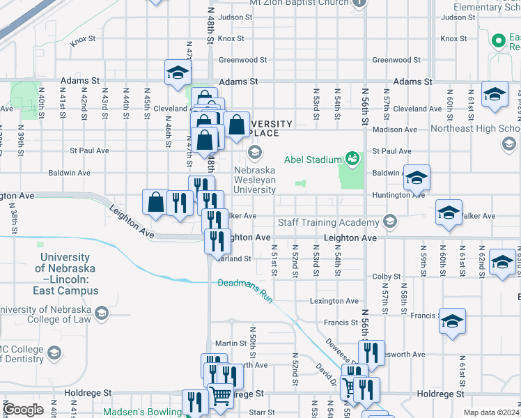 map of restaurants, bars, coffee shops, grocery stores, and more near 5003 Walker Avenue in Lincoln