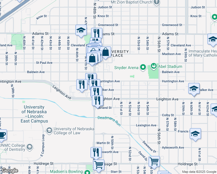 map of restaurants, bars, coffee shops, grocery stores, and more near 5003 Walker Avenue in Lincoln