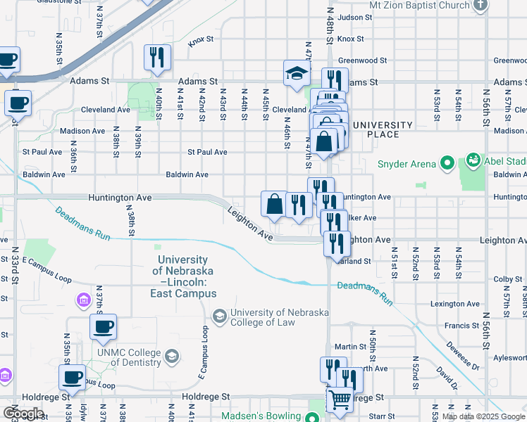 map of restaurants, bars, coffee shops, grocery stores, and more near 4684 Leighton Avenue in Lincoln