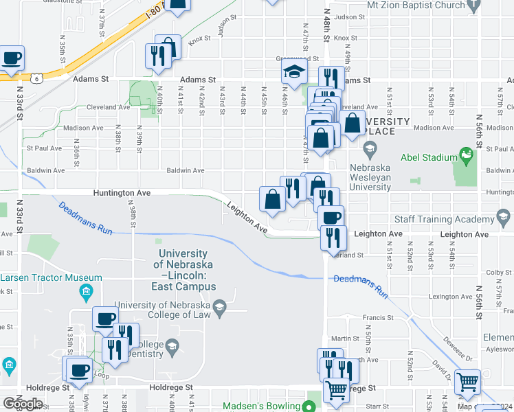 map of restaurants, bars, coffee shops, grocery stores, and more near 2334 North 44th Street in Lincoln