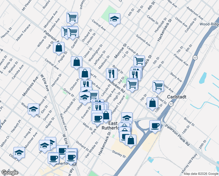 map of restaurants, bars, coffee shops, grocery stores, and more near 27 Boiling Springs Avenue in East Rutherford