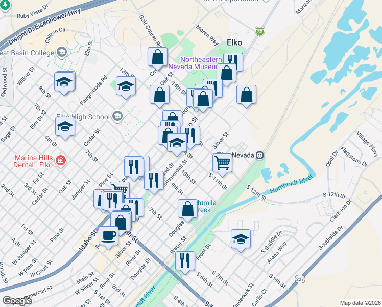 map of restaurants, bars, coffee shops, grocery stores, and more near 282 11th Street in Elko