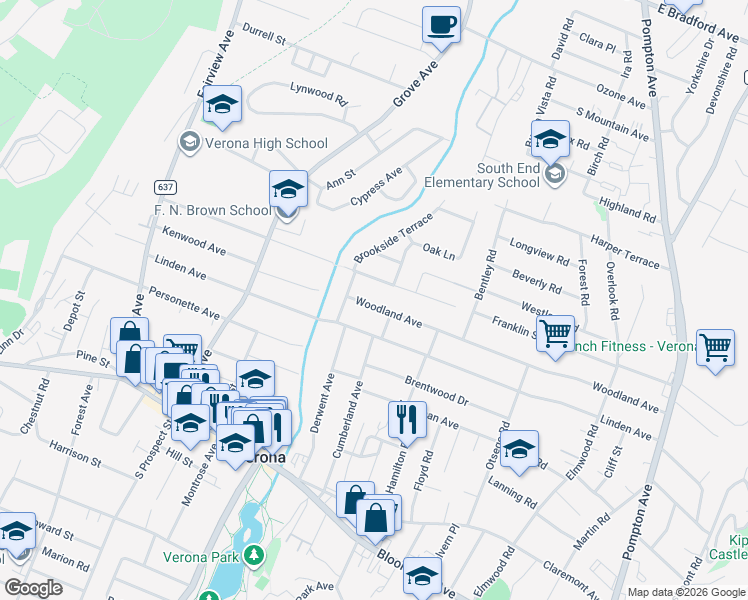 map of restaurants, bars, coffee shops, grocery stores, and more near 167 Woodland Avenue in Verona