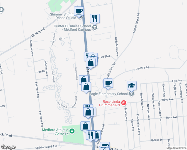 map of restaurants, bars, coffee shops, grocery stores, and more near 206 Lake Drive in Medford