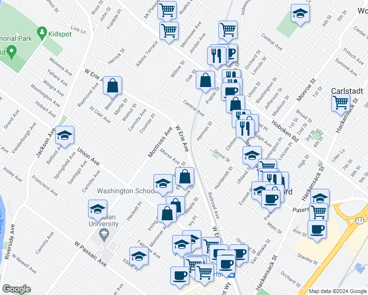 map of restaurants, bars, coffee shops, grocery stores, and more near 4 Sidney Avenue in Rutherford