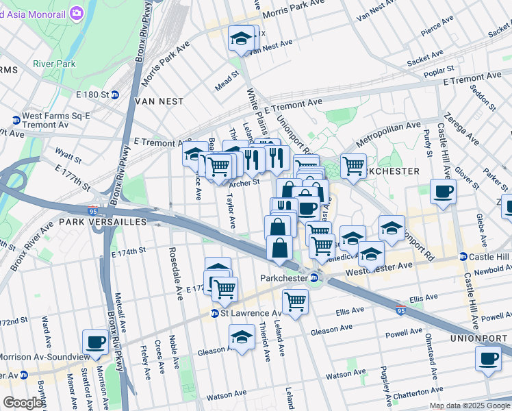 map of restaurants, bars, coffee shops, grocery stores, and more near 1417 Leland Avenue in The Bronx