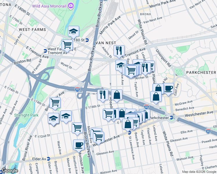 map of restaurants, bars, coffee shops, grocery stores, and more near in The Bronx